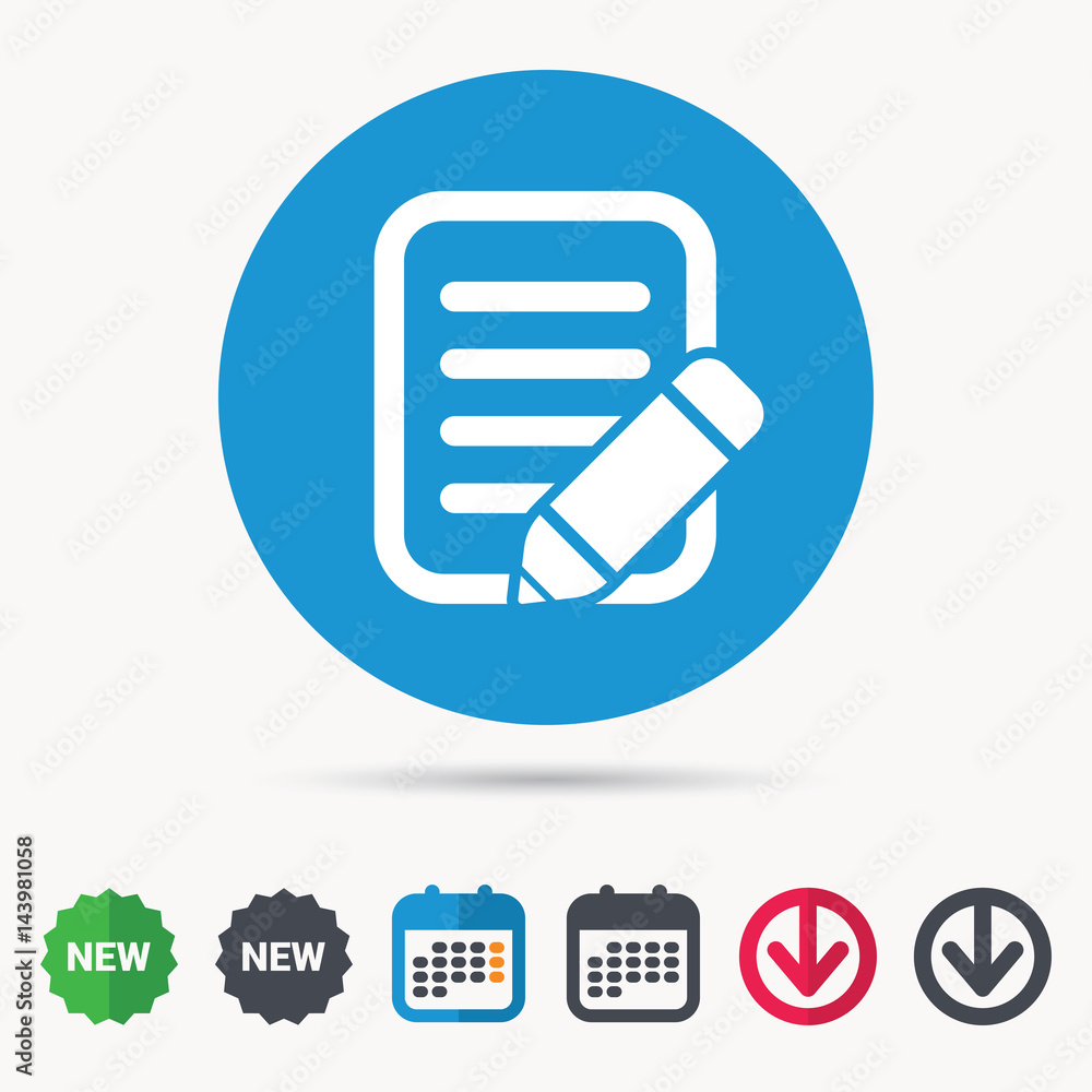 Edit icon. Pencil for drawing symbol. Calendar, download arrow and new tag signs. Colored flat web icons. Vector Edit icon. Pencil for drawing symbol. Calendar, download arrow and new tag signs. Colored flat web icons. Vector