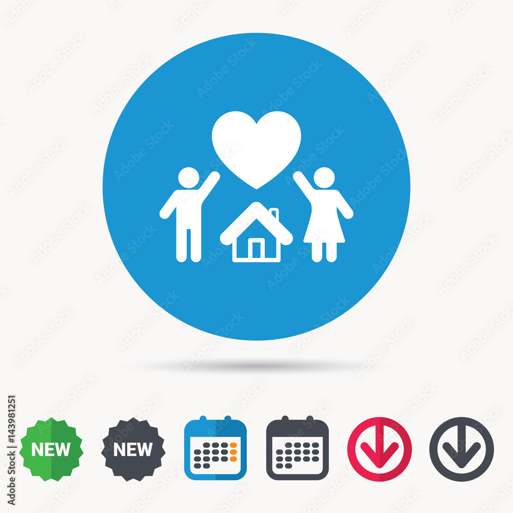 Family icon. Father, mother and child symbol. Calendar, download arrow and new tag signs. Colored flat web icons. Vector