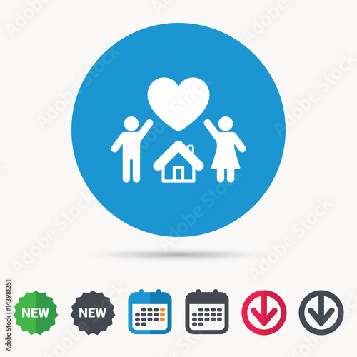 Family icon. Father, mother and child symbol. Calendar, download arrow and new tag signs. Colored flat web icons. Vector