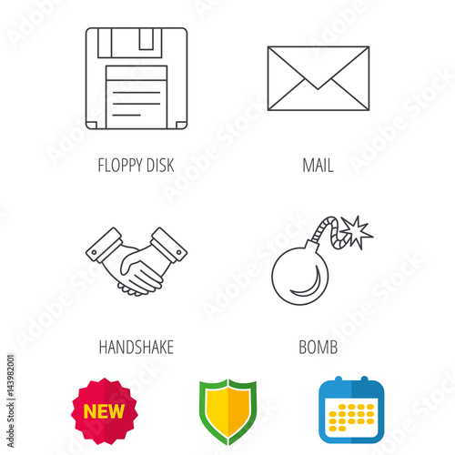Mail, bomb and handshake icons. Floppy disk linear sign. Shield protection, calendar and new tag web icons. Vector