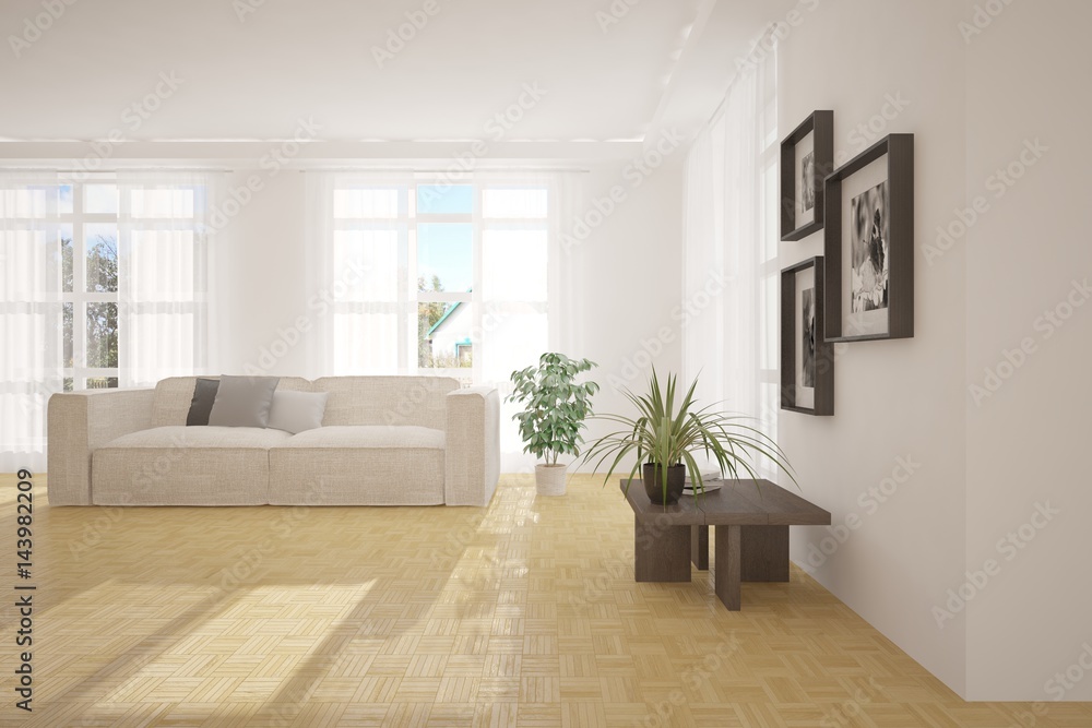 Fototapeta premium White room with sofa and green landscape in window. Scandinavian interior design. 3D illustration