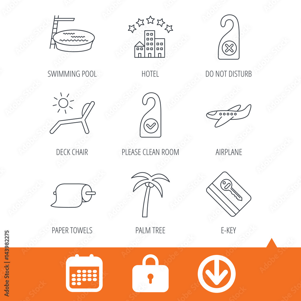 Hotel, swimming pool and beach deck chair icons. E-key, do not disturb and clean room linear signs. Paper towels, palm tree and airplane icons. Download arrow, locker and calendar web icons. Vector