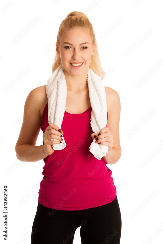 Woman resting after fitness workout with towel arounfd her neck isolated over white Woman resting after fitness workout with towel arounfd her neck isolated over white