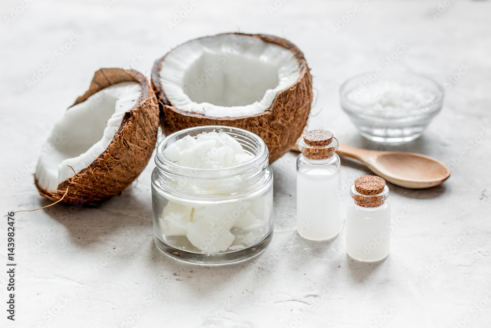 organic cosmetics with coconut on white background organic cosmetics with coconut on white background