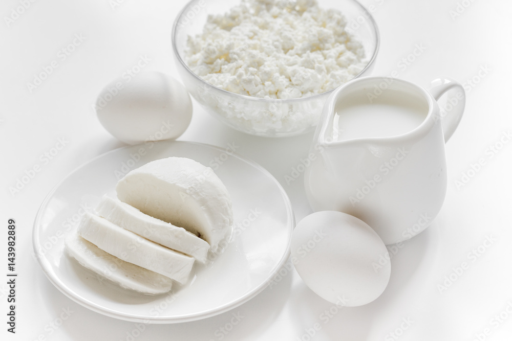 dairy products for proteic meal on white table background dairy products for proteic meal on white table background