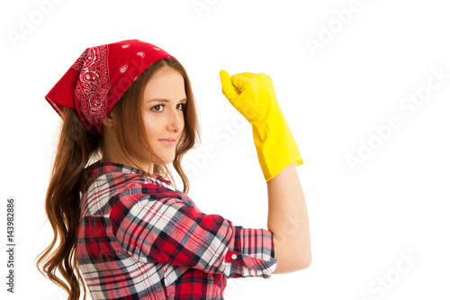 Woman with yellow rubber gloves gestures we can do it  isolated over white background © Samo Trebizan
