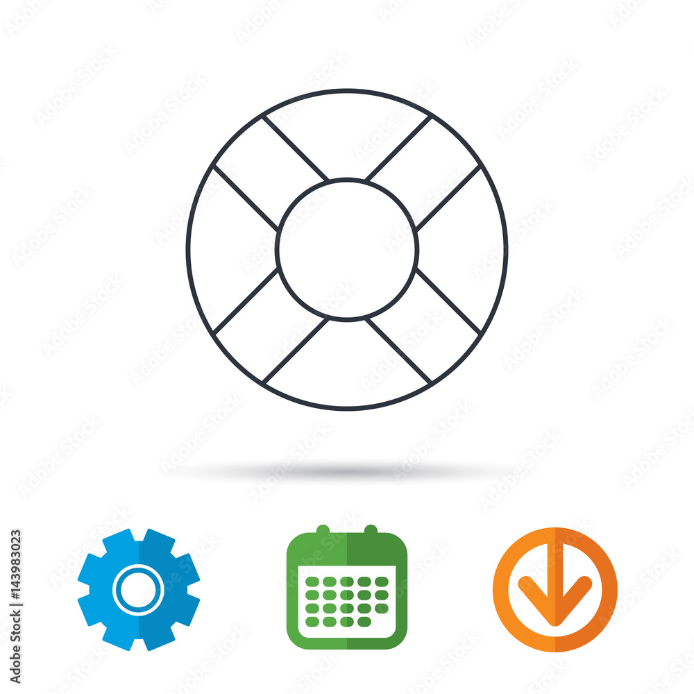 Lifebuoy icon. Lifebelt sos sign. Lifesaver help equipment symbol. Calendar, cogwheel and download arrow signs. Colored flat web icons. Vector Lifebuoy icon. Lifebelt sos sign. Lifesaver help equipment symbol. Calendar, cogwheel and download arrow signs. Colored flat web icons. Vector