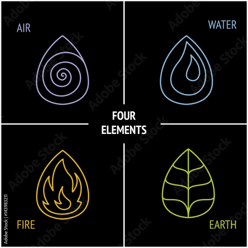 4 elements / Nature 4 elements logo sign. Water, Fire, Earth, Air. on dark background.