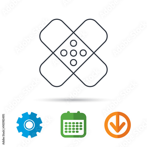 Medical plaster icon. Injury fix sign. Calendar, cogwheel and download arrow signs. Colored flat web icons. Vector