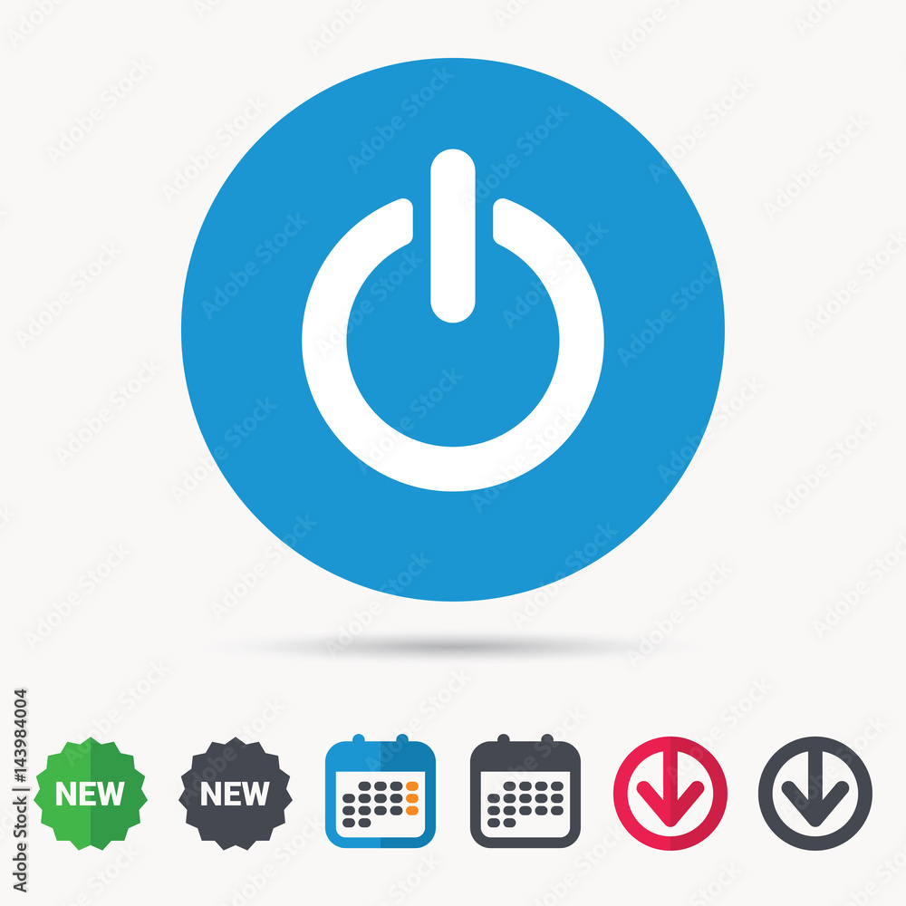 On, off power icon. Energy switch symbol. Calendar, download arrow and new tag signs. Colored flat web icons. Vector On, off power icon. Energy switch symbol. Calendar, download arrow and new tag signs. Colored flat web icons. Vector