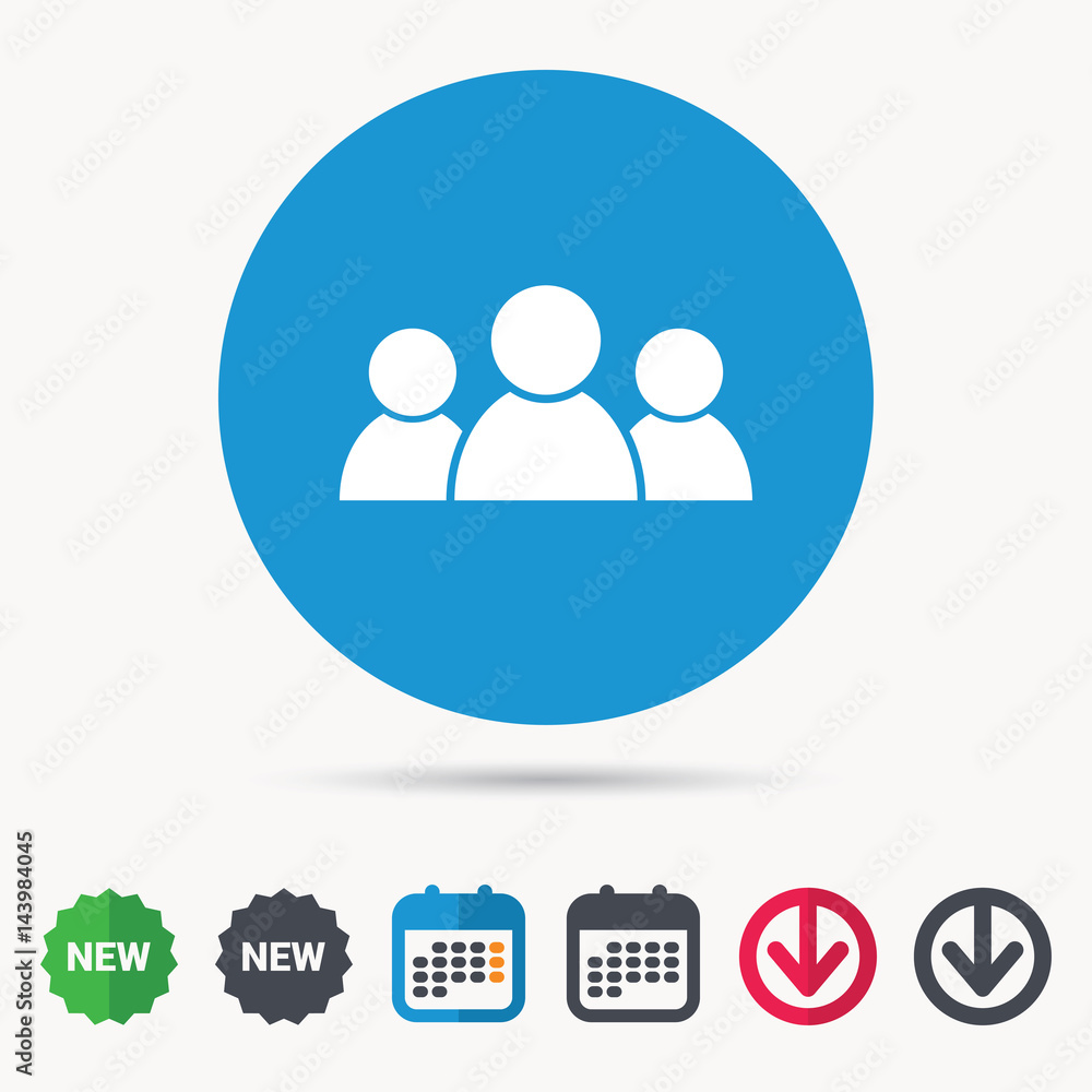 People icon. Group of humans sign. Team work symbol. Calendar, download arrow and new tag signs. Colored flat web icons. Vector People icon. Group of humans sign. Team work symbol. Calendar, download arrow and new tag signs. Colored flat web icons. Vector