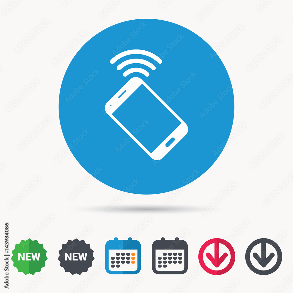 Cellphone icon. Mobile phone communication symbol. Calendar, download arrow and new tag signs. Colored flat web icons. Vector