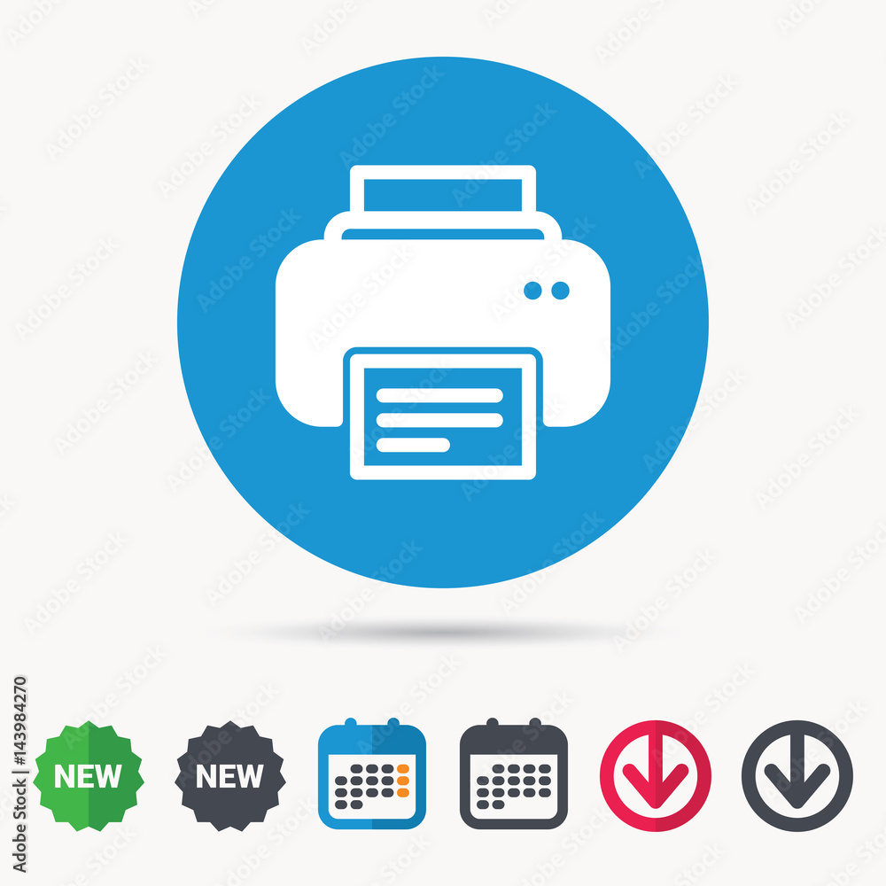 Printer icon. Print documents technology symbol. Calendar, download arrow and new tag signs. Colored flat web icons. Vector Printer icon. Print documents technology symbol. Calendar, download arrow and new tag signs. Colored flat web icons. Vector