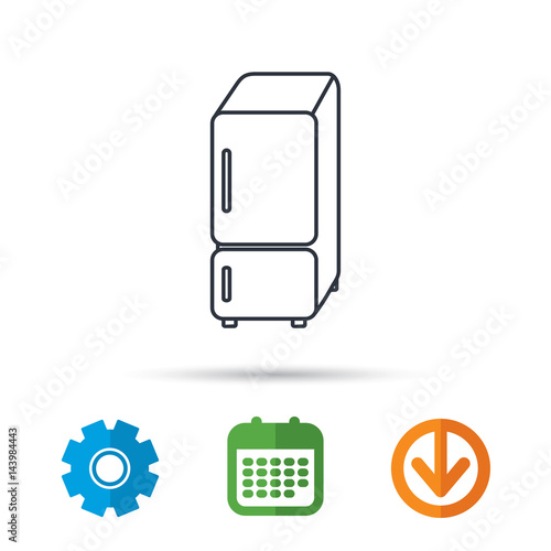 Refrigerator icon. Fridge sign. Calendar, cogwheel and download arrow signs. Colored flat web icons. Vector