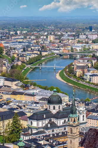 Salzburg, Austria.Panoramic view of Salzburg with Salzach river during sunny spring day 