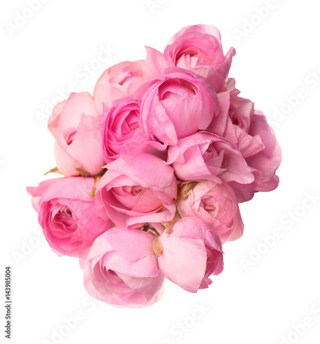 Female hand holding bouquet of beautiful ranunculus flowers on white background