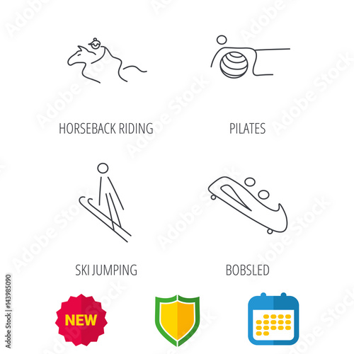 Pilates, bobsled and horseback riding icons. Ski jumping linear sign. Shield protection, calendar and new tag web icons. Vector