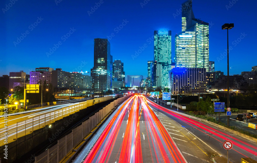 The La Defense business district at night, France. The La Defense business district at night, France.