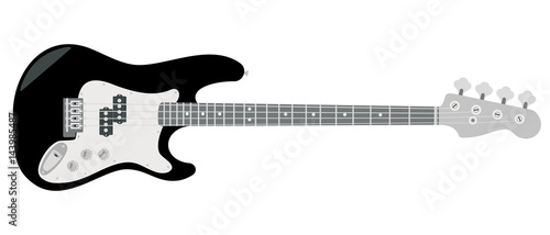 Electric bass guitar with strings isolated on white background.