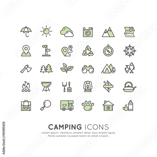 Vector Icon Style Illustration Concept of Camping Outdoor Activity Tools, Isolated Object