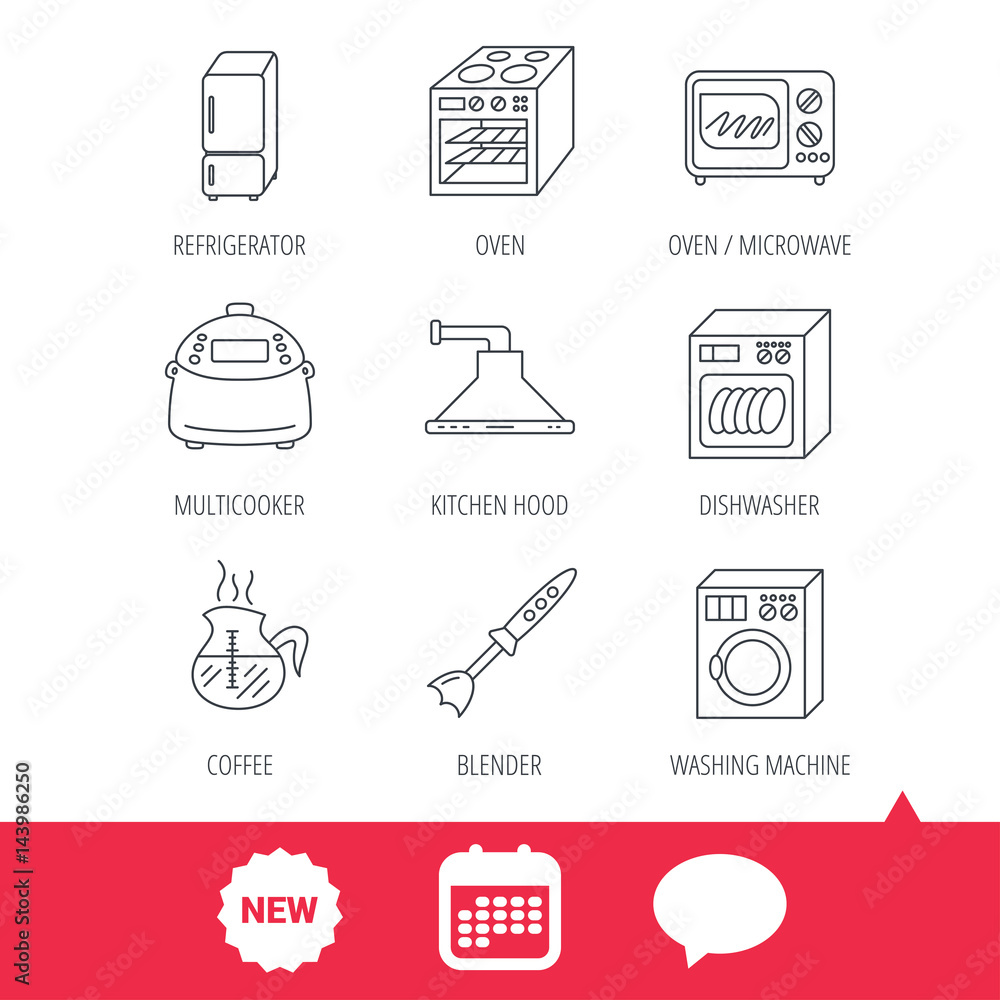 Microwave oven, washing machine and blender icons. Refrigerator fridge, dishwasher and multicooker linear signs. Coffee icon. New tag, speech bubble and calendar web icons. Vector Microwave oven, washing machine and blender icons. Refrigerator fridge, dishwasher and multicooker linear signs. Coffee icon. New tag, speech bubble and calendar web icons. Vector