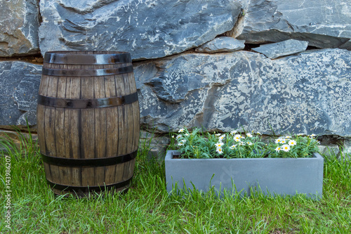 Vintage oak barrel on the lawn beside a pot of daisy flowers with natural stone wall as background