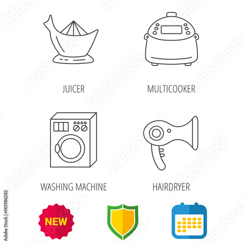 Washing machine, multicooker and hair dryer icons. Washing machine linear sign. Shield protection, calendar and new tag web icons. Vector