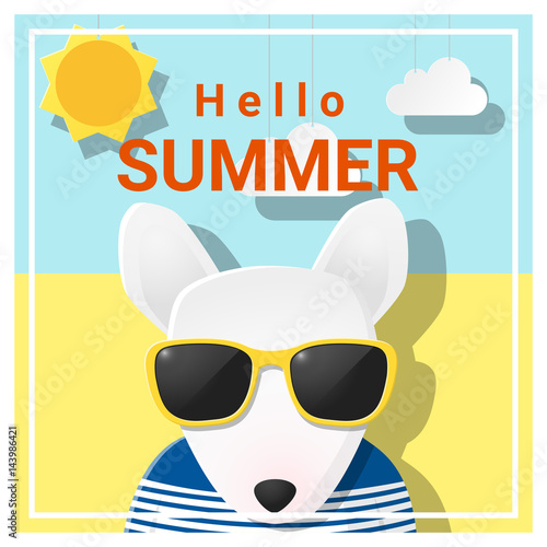 Hello summer background with dog wearing sunglasses , vector , illustration