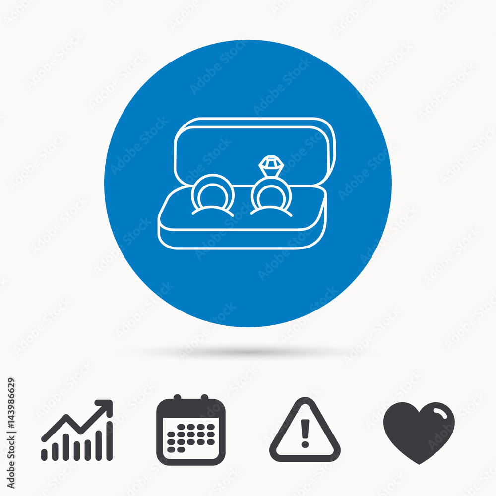 Wedding rings icon. Jewelry with diamond sign. Marriage symbol. Calendar, attention sign and growth chart. Button with web icon. Vector Wedding rings icon. Jewelry with diamond sign. Marriage symbol. Calendar, attention sign and growth chart. Button with web icon. Vector