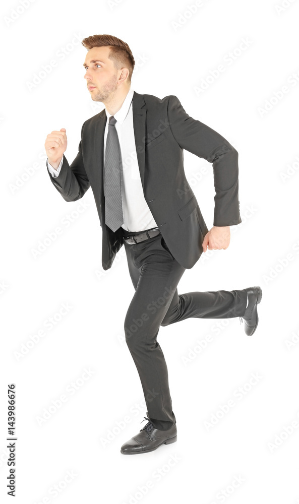 Handsome running businessman on white background Handsome running businessman on white background