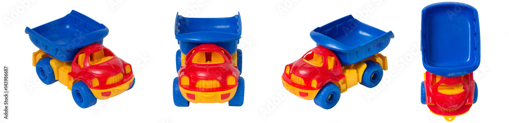 plastic children's toy car, truck on a white background plastic children's toy car, truck on a white background