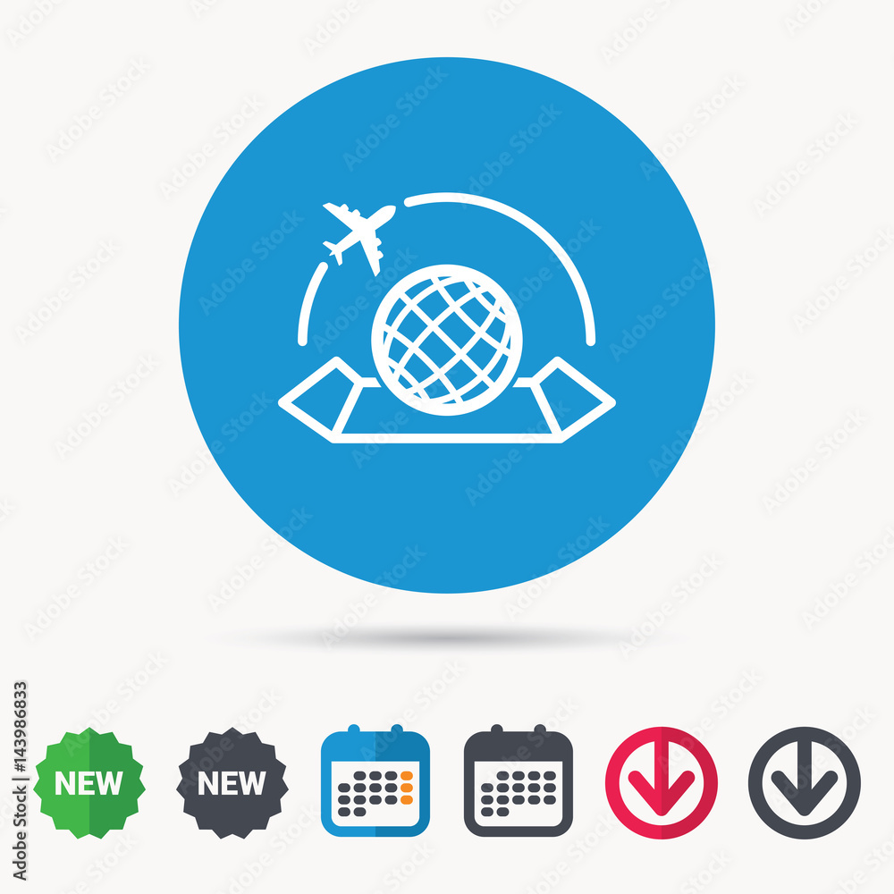 World map icon. Globe with airplane sign. Plane travel symbol. Calendar, download arrow and new tag signs. Colored flat web icons. Vector World map icon. Globe with airplane sign. Plane travel symbol. Calendar, download arrow and new tag signs. Colored flat web icons. Vector