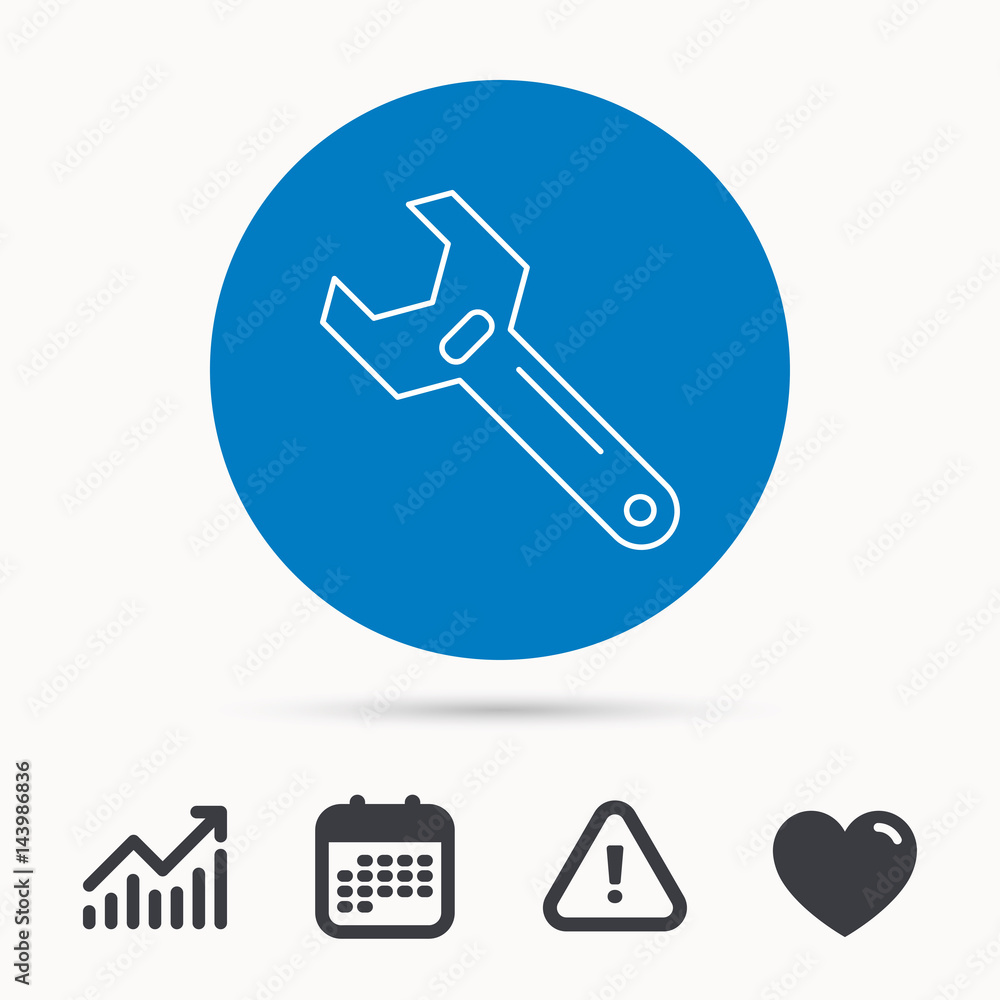 Wrench key icon. Adjustable repair tool sign. Calendar, attention sign and growth chart. Button with web icon. Vector Wrench key icon. Adjustable repair tool sign. Calendar, attention sign and growth chart. Button with web icon. Vector