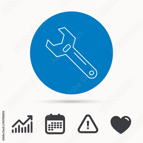 Wrench key icon. Adjustable repair tool sign. Calendar, attention sign and growth chart. Button with web icon. Vector