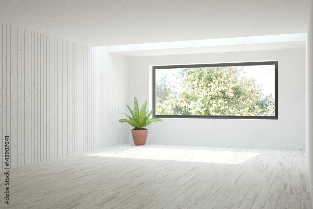 Fototapeta premium White empty room with green landscape in window. Scandinavian interior design. 3D illustration