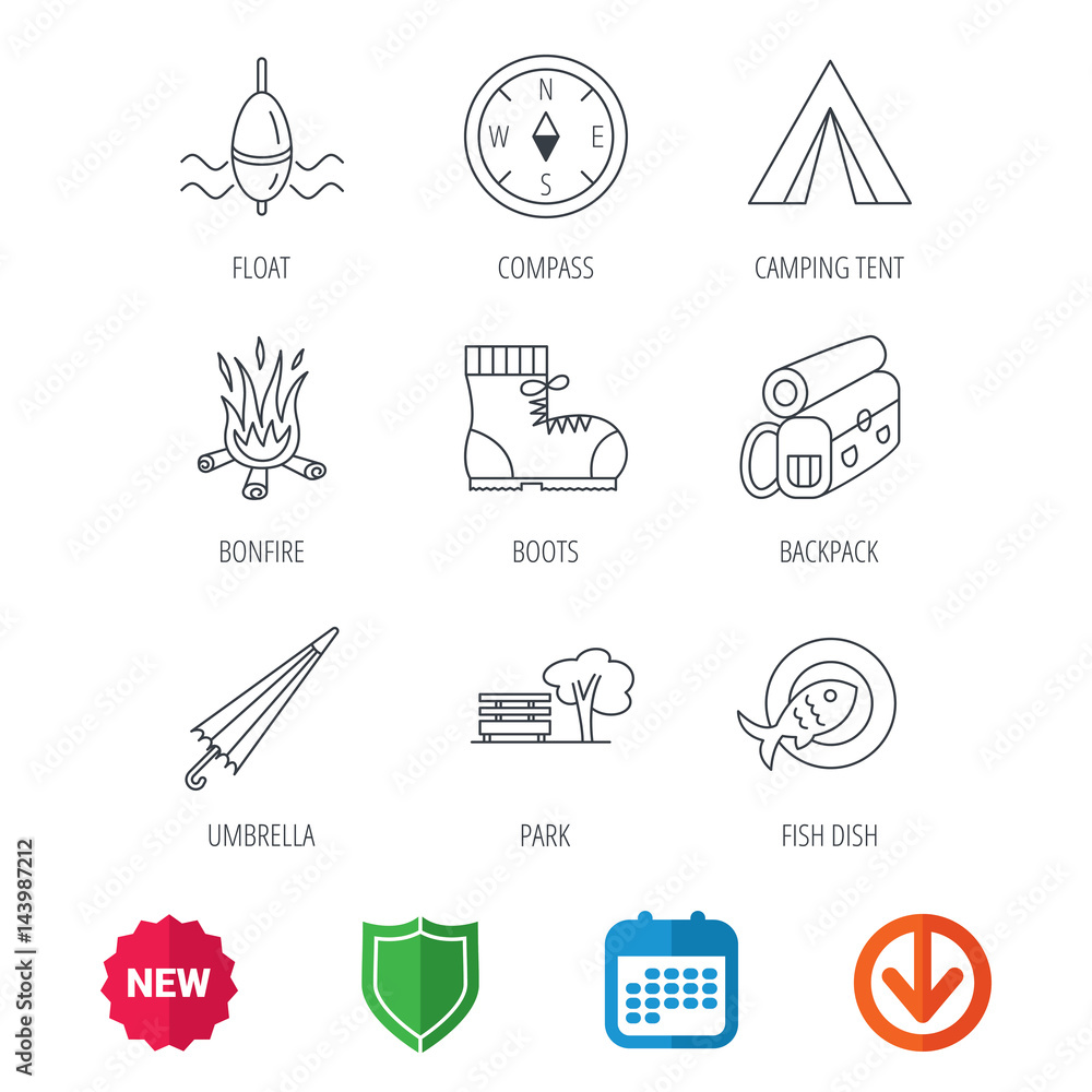 Fototapeta premium Park, fishing float and hiking boots icons. Compass, umbrella and bonfire linear signs. Camping tent, fish dish and tree icons. New tag, shield and calendar web icons. Download arrow. Vector