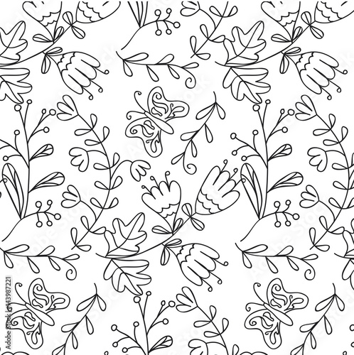 Vector floral hand drawn black and white background with flower  branch and butterfly. Good for coloring book for adults and kids or design of textile  fabric  wallpaper.