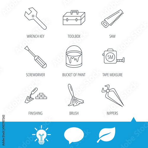 Wrench key, screwdriver and paint brush icons. Toolbox, nippers and saw linear signs. Finishing spatula icon. Light bulb, speech bubble and leaf web icons. Vector