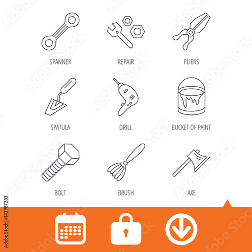 Spanner repair tool, spatula and bolt icons. Bucket of paint, axe and brush linear signs. Drill, pliers flat line icons. Download arrow, locker and calendar web icons. Vector