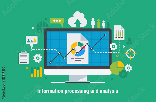 Flat design modern vector illustration concept of website analytics search information.
