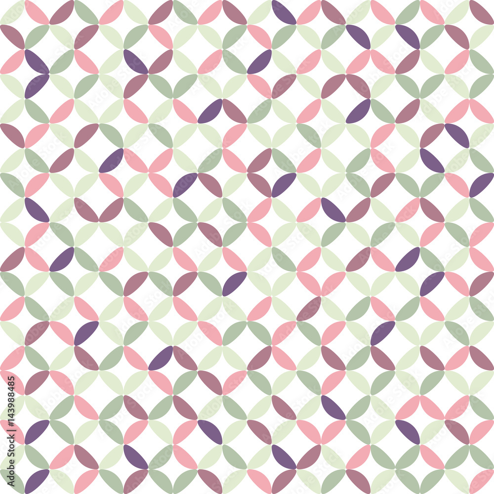 Seamless geometric pattern vector abstract background design of circles made with colorful ellipse shaped elements which creates white concave diamonds pink purple grey white