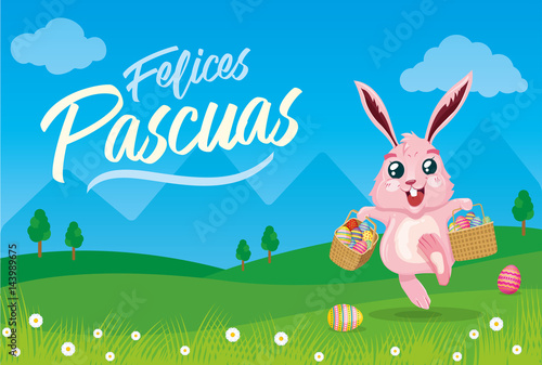 Felices Pascuas: Happy Easter in spanish. Bunny carrying easter eggs in baskets. Landscape background.