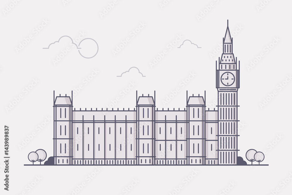 Line Art Vector Illustration of London Famous Landmark- Big Ben. Flat Design Style. 
