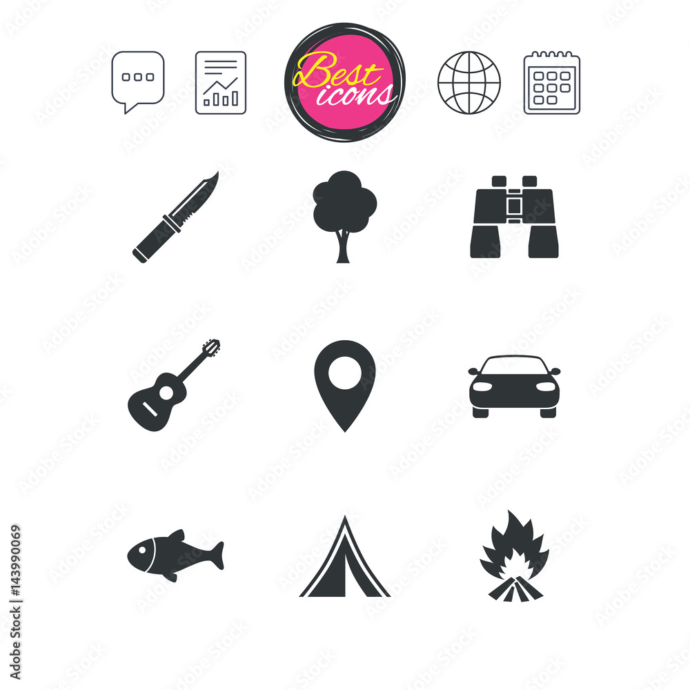Fototapeta premium Camping, tourism icons. Fishing, guitar music.