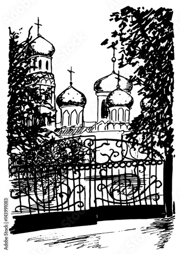Monochrome black and white church street sketched art vector
