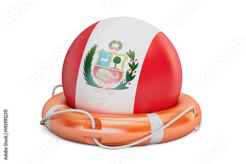 Lifebelt with Peru flag, safe, help and protect concept. 3D rendering