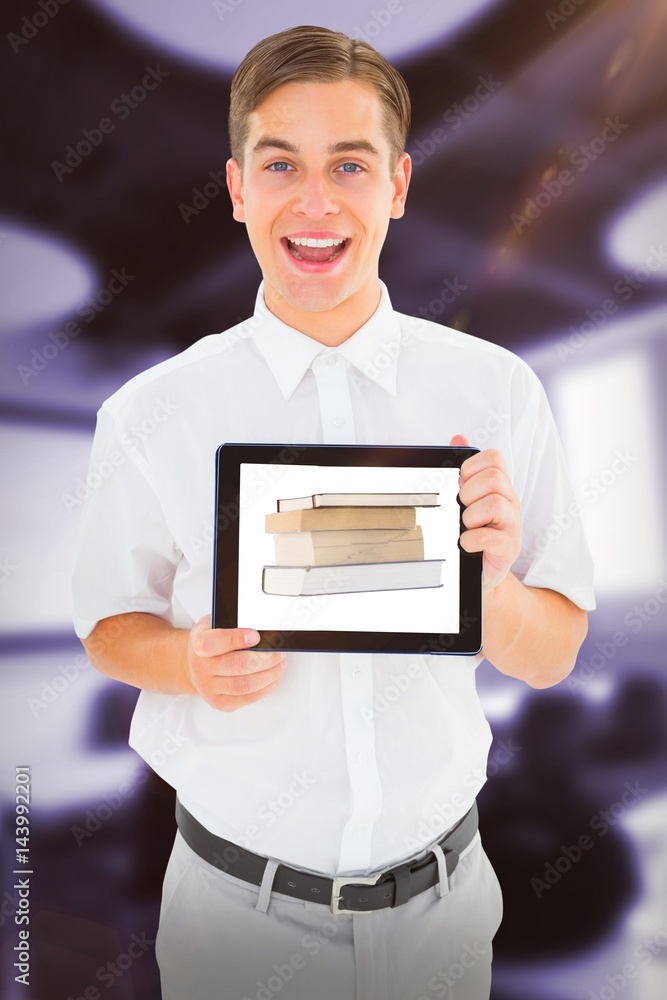 Composite image of geeky businessman showing his tablet pc