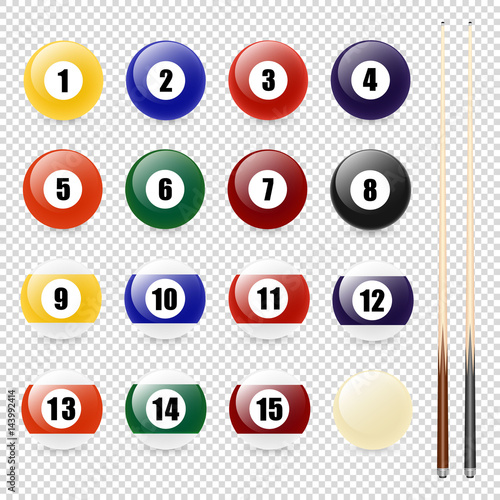 Vector realistic pool - billiard balls and cue closeup isolated on transparent background. Design template in EPS10.