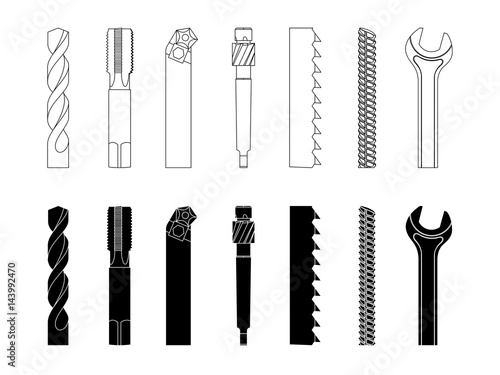 Drill bit screw-cutter milling cutter saw armature wrench vector illustration set photo