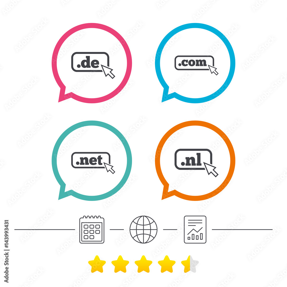 Top-level domains signs. De, Com, Net and Nl. Top-level domains signs. De, Com, Net and Nl.